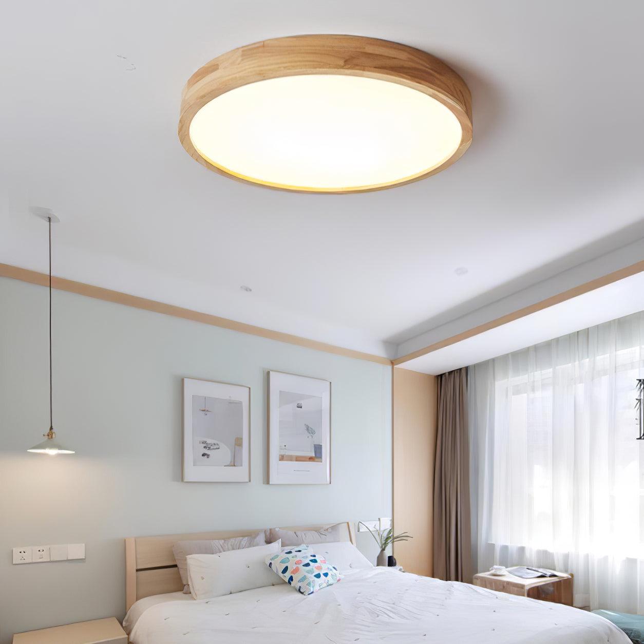 Natural Wood Geometric LED Ceiling Light / Square Size: L 15.7″ x W 15.7″ x H 2.7″ / L 40cm x W 40cm x H 6cm / Wood color / Three-Color Changing Light