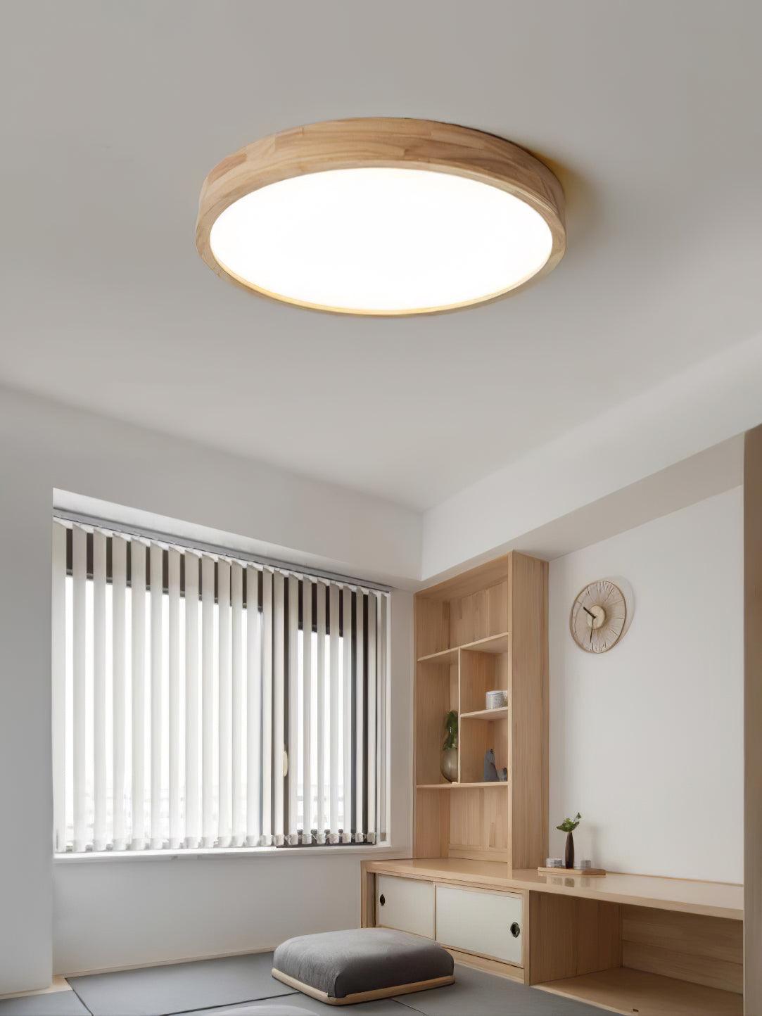 Natural Wood Geometric LED Ceiling Light / Square Size: L 19.7″ x W 19.7″ x H 2.7″ / L 50cm x W 50cm x H 6cm / Wood color / Three-Color Changing Light