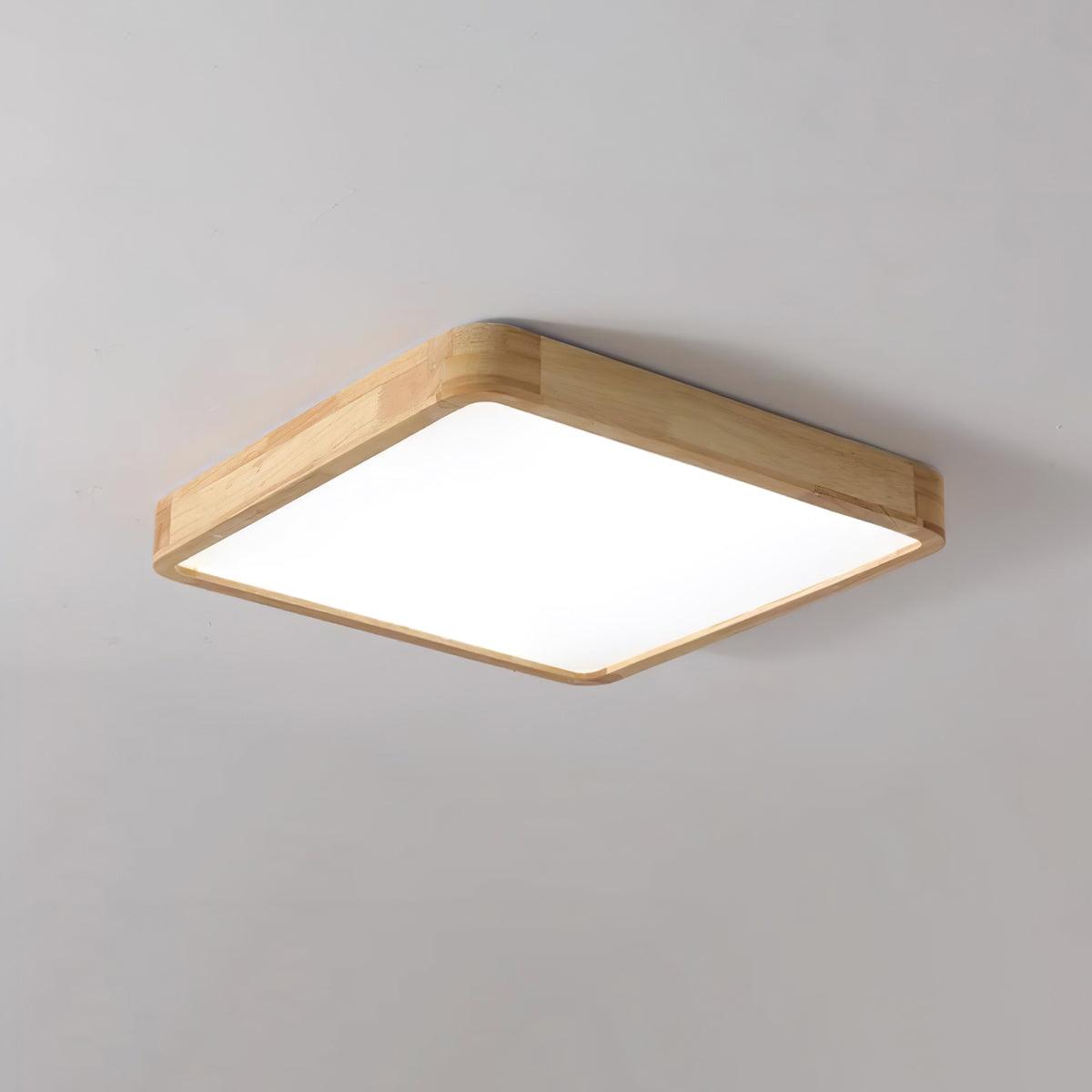 Natural Wood Geometric LED Ceiling Light / Square Size: L 23.6″ x W 23.6″ x H 2.7″ / L 60cm x W 60cm x H 6cm / Wood color / Three-Color Changing Light