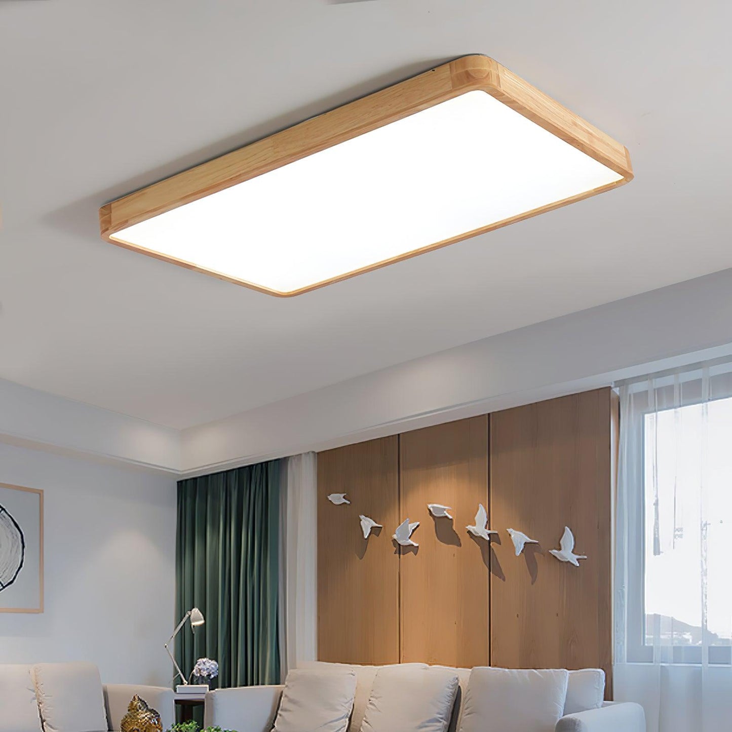Natural Wood Geometric LED Ceiling Light / Rectangle Size: L 31.5″ x W 23.6″ x H 2.7″ / L 80cm x W 60cm x H 6cm / Wood color / Cool White