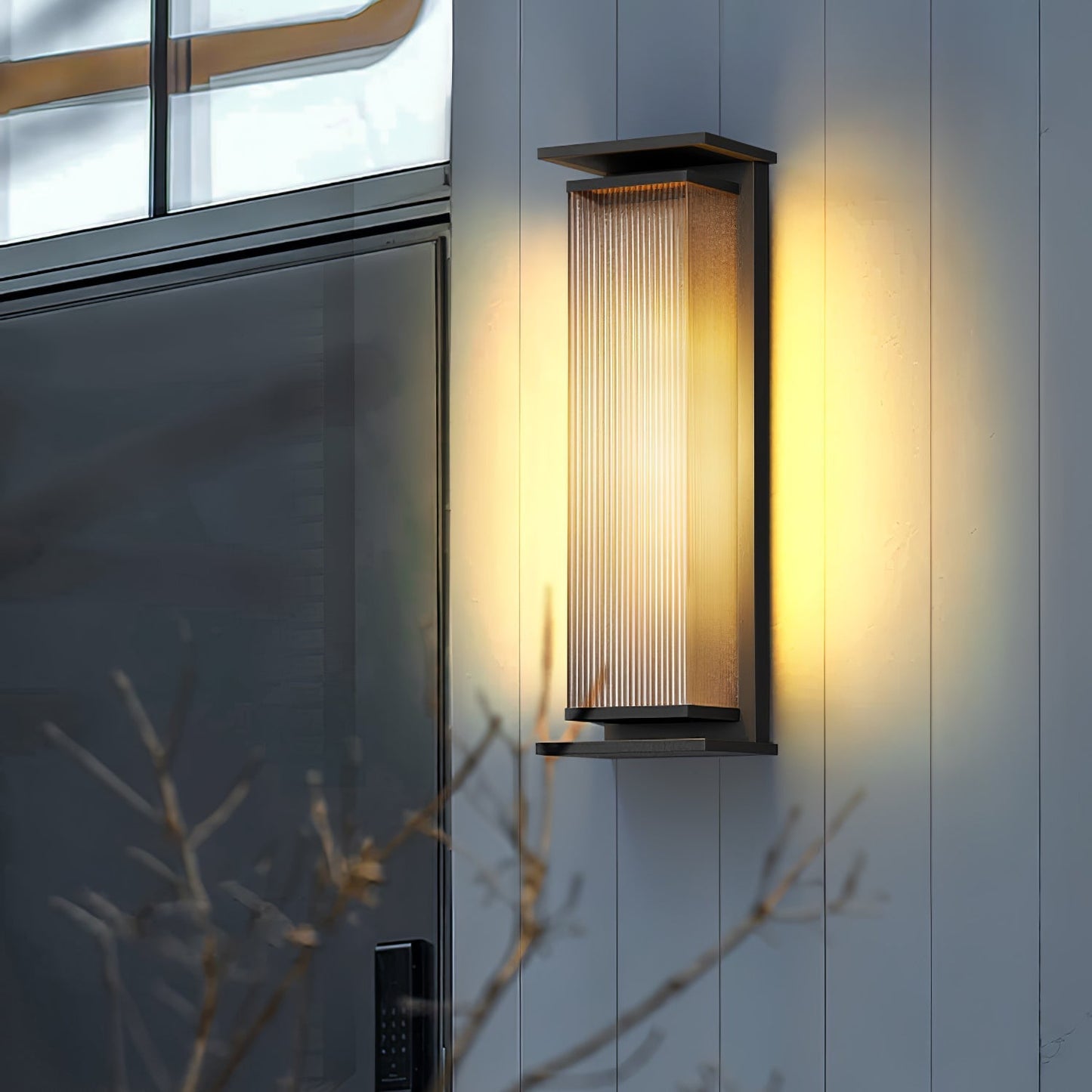 Rectangular Solar LED Outdoor Wall Light / L 6.3″ x W 4.7″ x H 27.6″ Set of 2 / Black / Warm Light