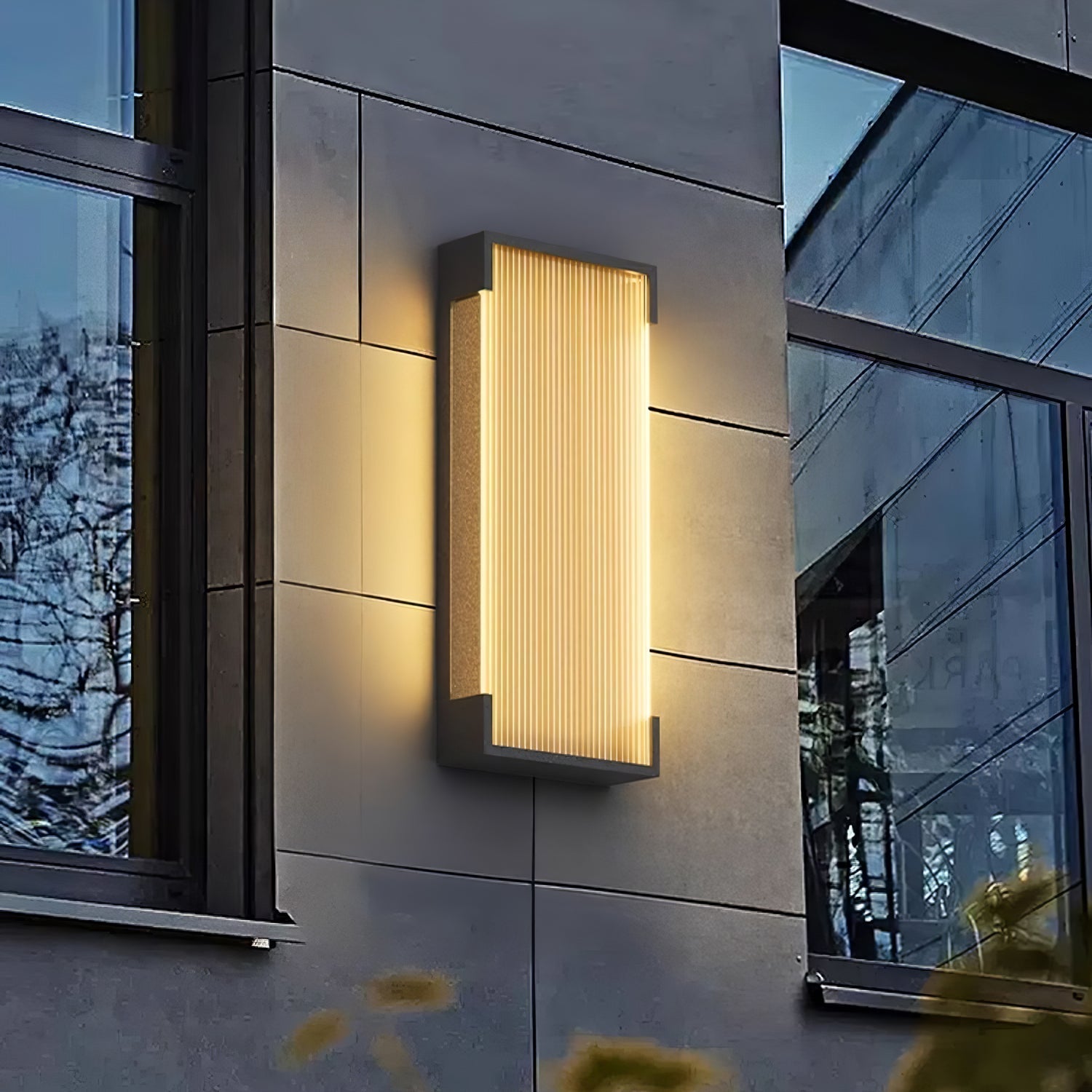Ribbed Black LED Outdoor Wall Light / L 5.9″ x H 13.8″ x Depth 2″ / Warm Light / Set Of 2