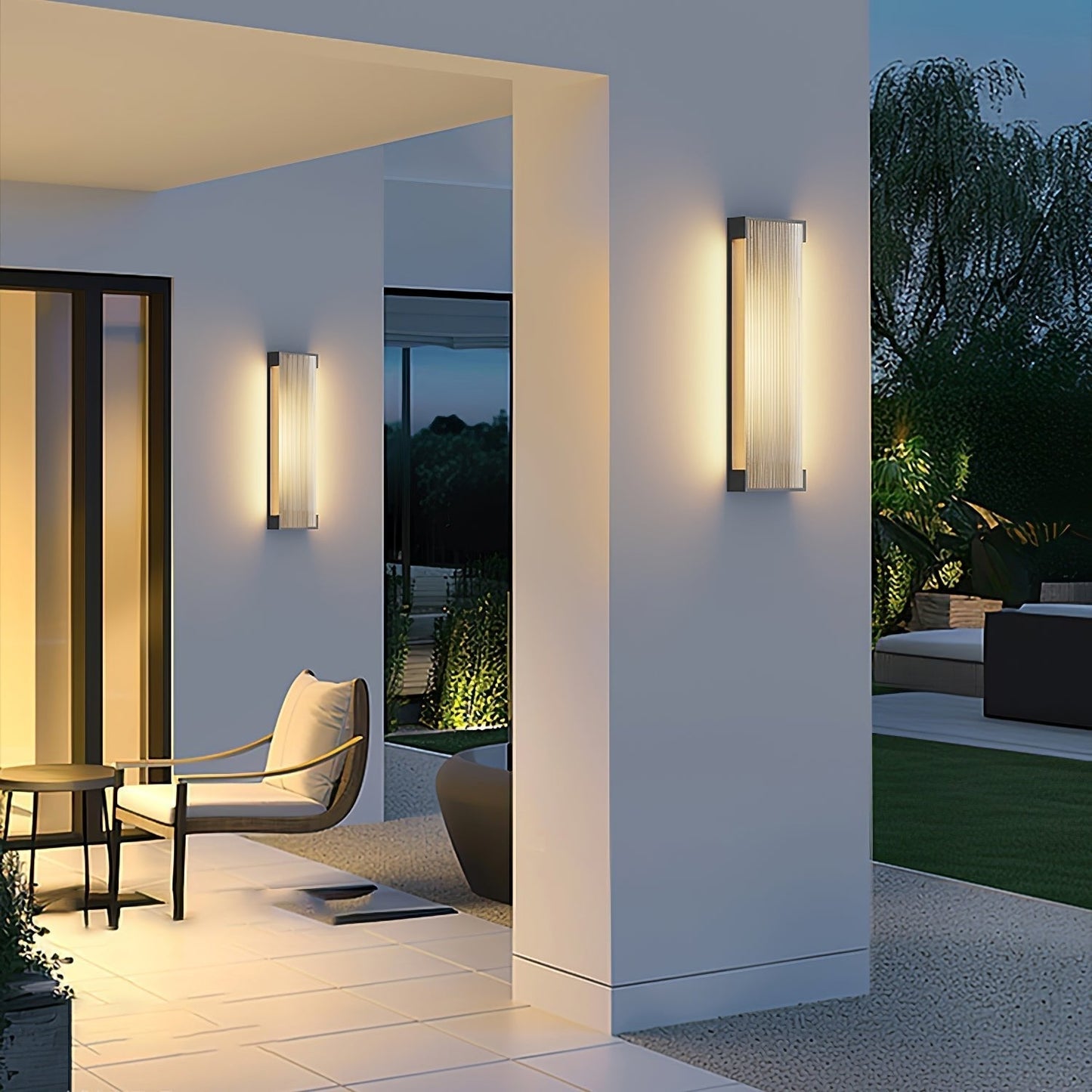 Ribbed Black LED Outdoor Wall Light / L 6.3″ x H 19.7″ x Depth 4.7″ / Warm Light / Set Of 2