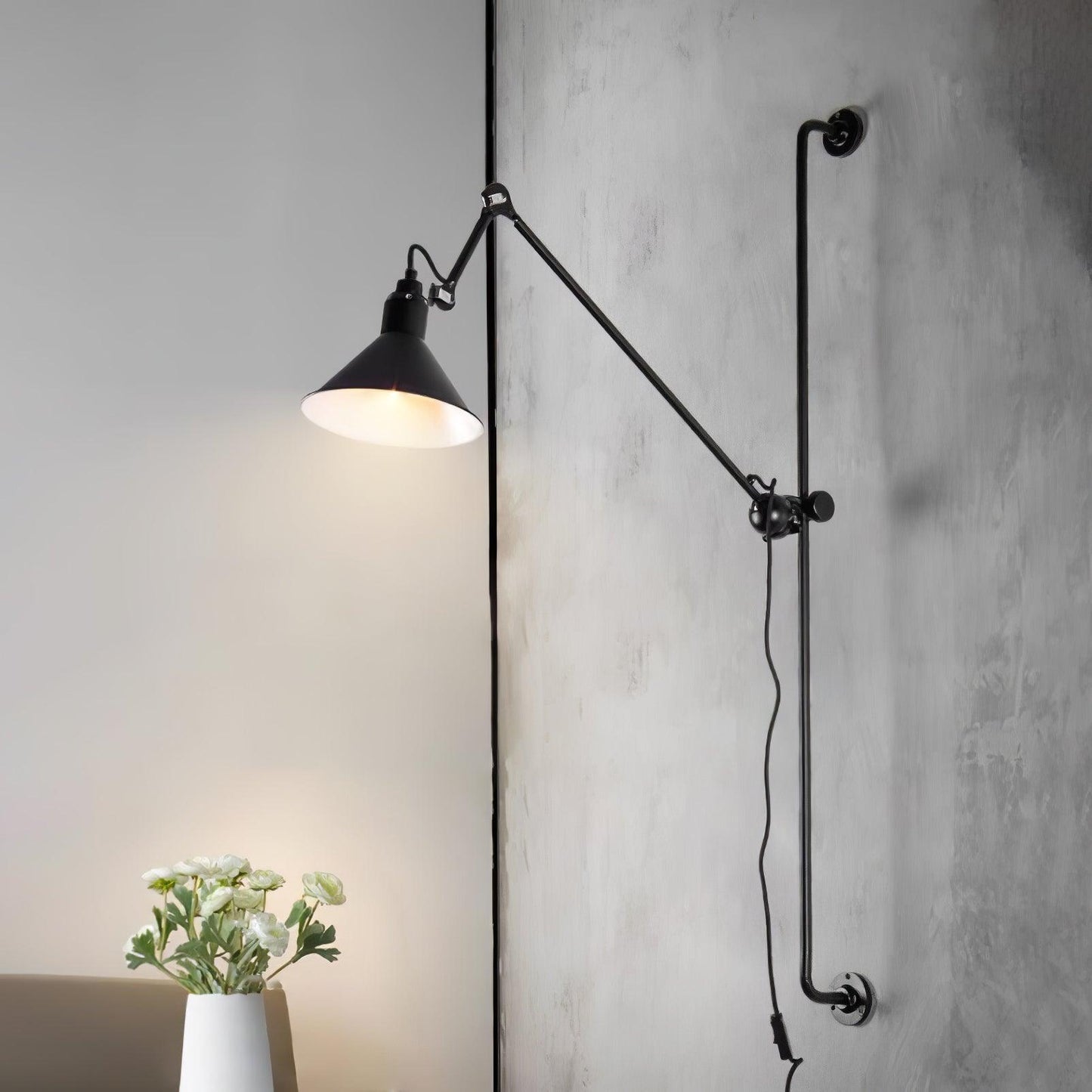Tall Adjustable Rocker Arm Wall Light / ∅ 8.3″ x H 46.5″ / Dia 21cm x H 118cm / White & Black / UK Plug