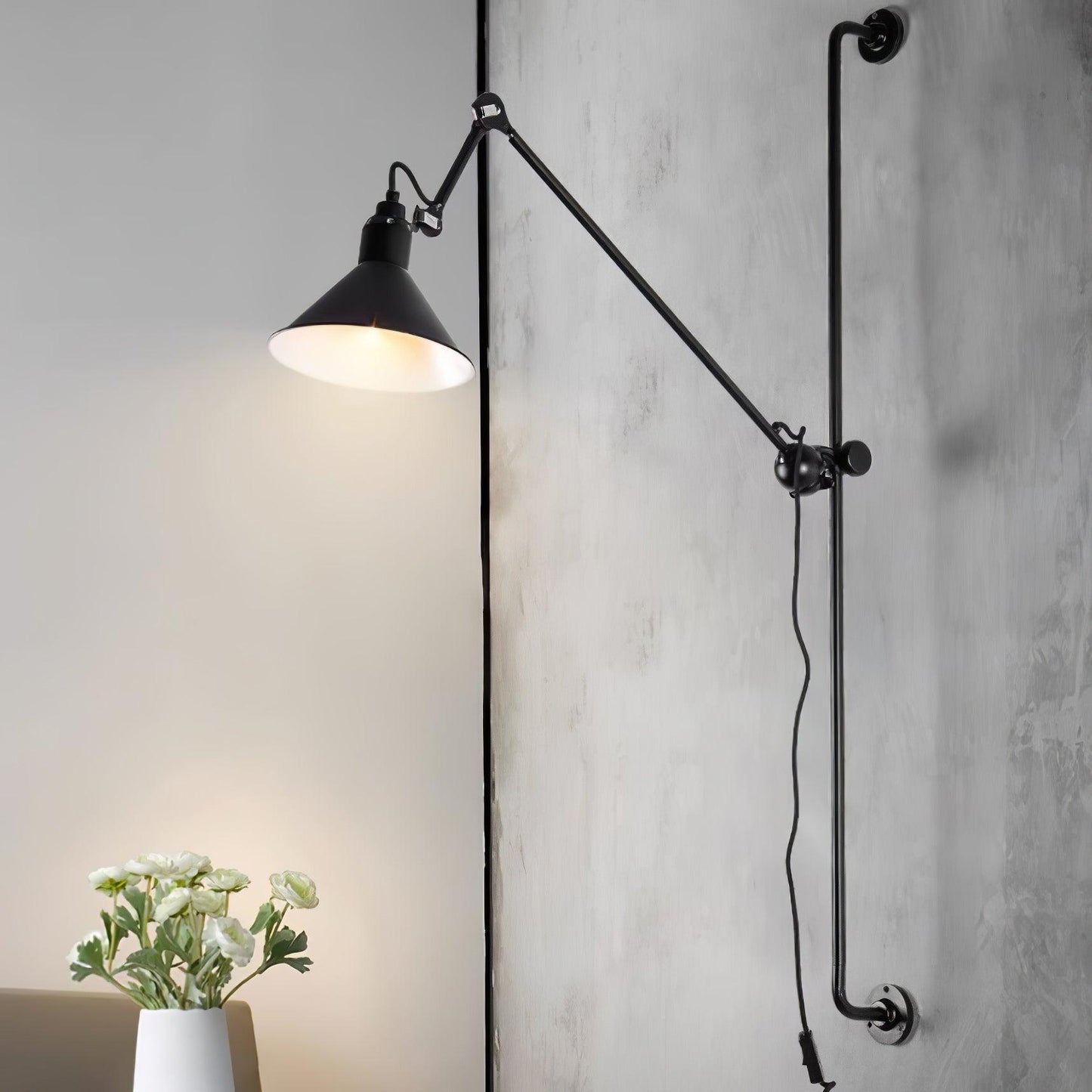 Tall Adjustable Rocker Arm Wall Light / ∅ 8.3″ x H 46.5″ / Dia 21cm x H 118cm / Black & Black / EU Plug