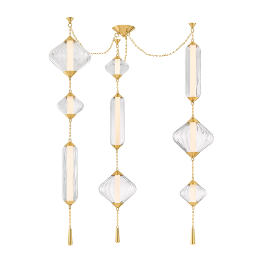 Vintage Brass 9 Light Ribbed Glass Chandelier / Default Title