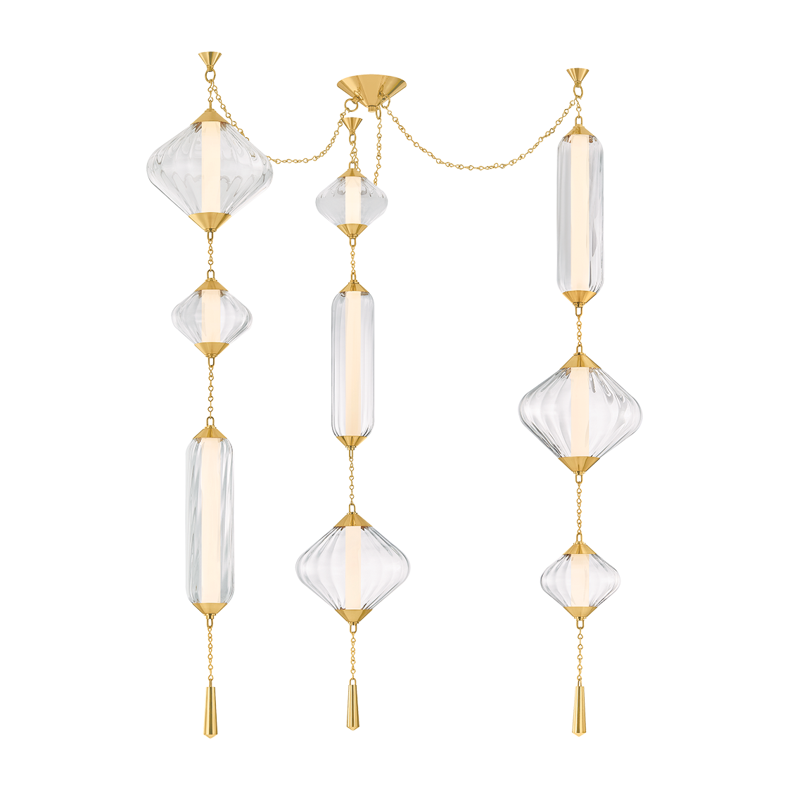 Vintage Brass 9 Light Ribbed Glass Chandelier