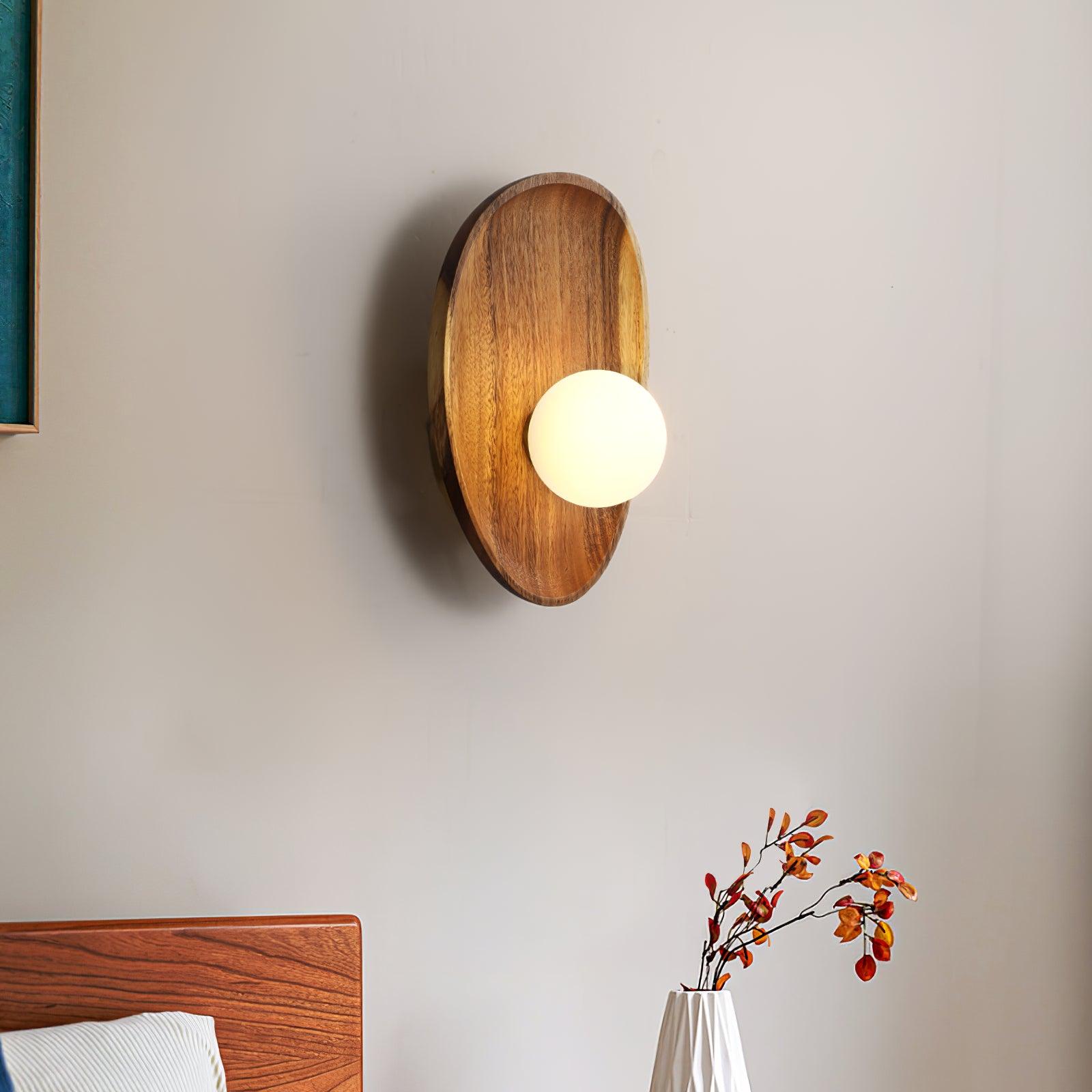 Walnut Wood and Glass Globe LED Wall Light / ∅ 7.8″ x H 10.2″ / Dia 20cm x H 26cm Set of 2 / Walnut & White / Warm Light