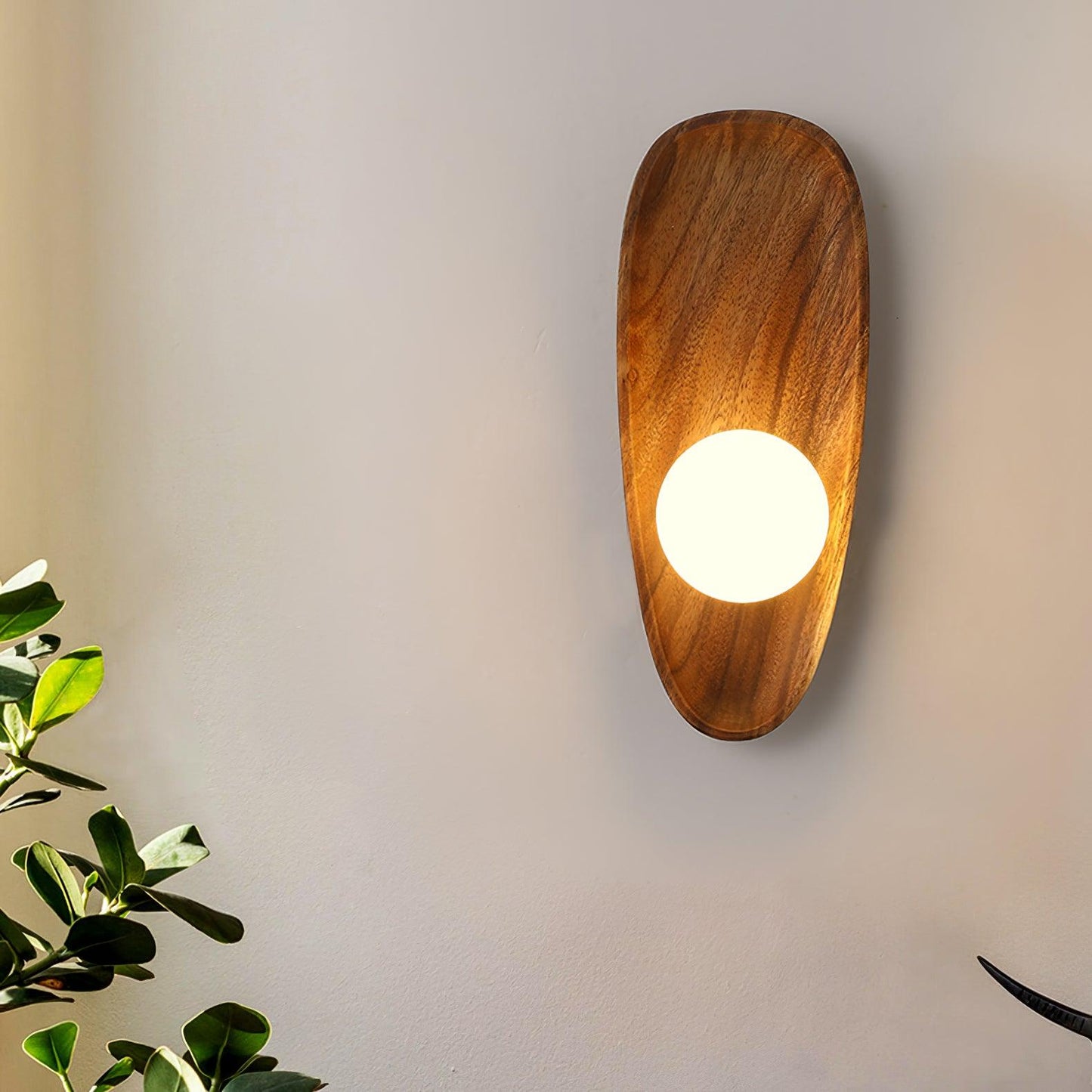 Walnut Wood and Glass Globe LED Wall Light / ∅ 4.7″ x H 11.8″ / Dia 12cm x H 30cm Set of 2 / Walnut & White / Warm Light